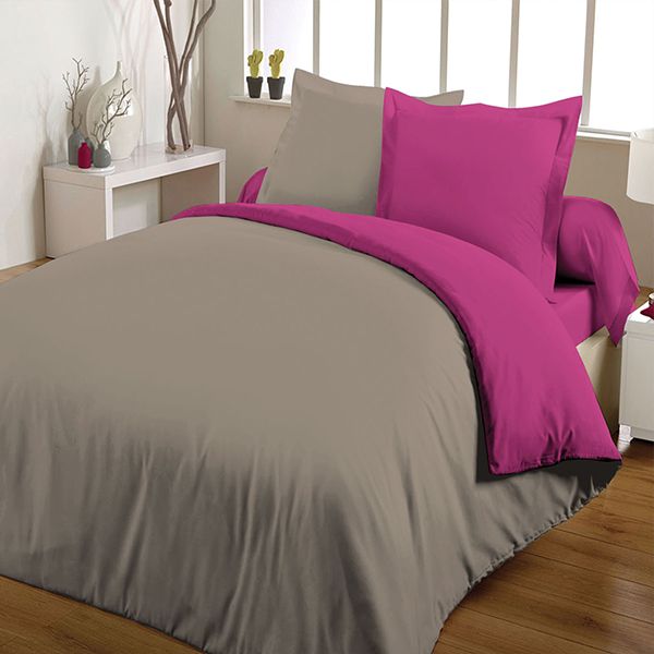 Parure de couette bicolore 100% coton 220x240 Fuchsia Taupe