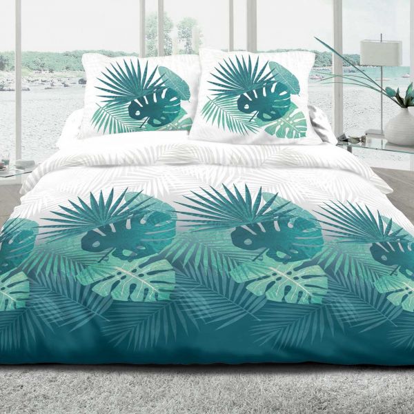 Housse de couette Coton Tropical Turquoise et taie d'oreiller