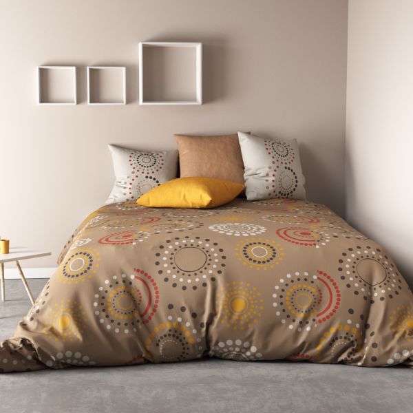 Parure de couette 100% Coton 57 fils 240x260 Hermine Taupe Feu D'artifice