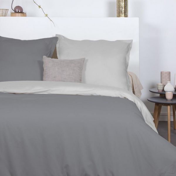 Housse de couette 220x240 cm + 2x taies d'oreiller 63x63 cm Percale de Coton Bicolore Gris