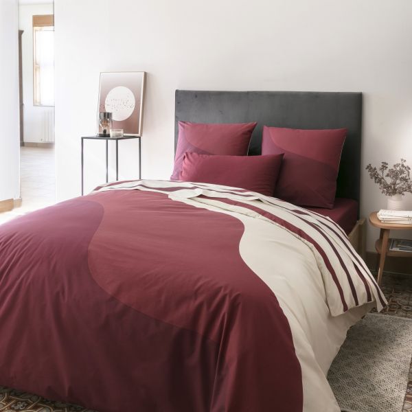 Housse de couette 220x240 cm avec 2 taies d'oreiller 63x63 cm Parure de lit Coton Wave Bordeaux