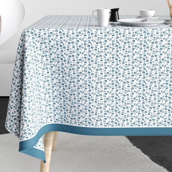 Nappe rectangulaire anti tache 140x300 cm Coton Fleurs Des Champs Bleu