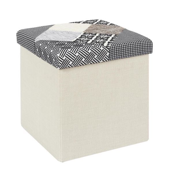 Pouf pliable coffre de rangement Patchwork Gris