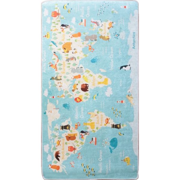 Tapis chambre enfant 100x160 cm Polyester Monde Bleu